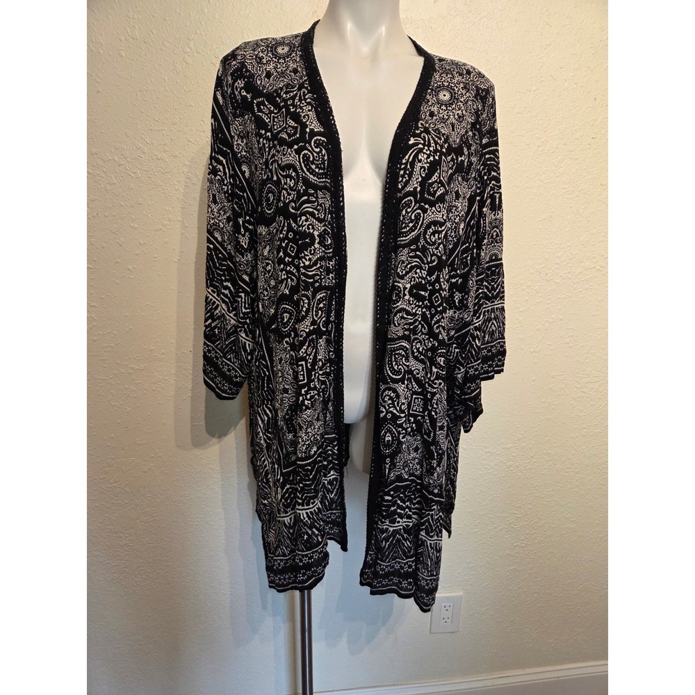Bila Women XL XXL Black White Paisley Geometric Open Front Kimono Cardigan Rayon